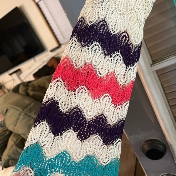 Cute‎ teal blue shirt dress with striped crochet bell sleeve - Picture 3 of 6